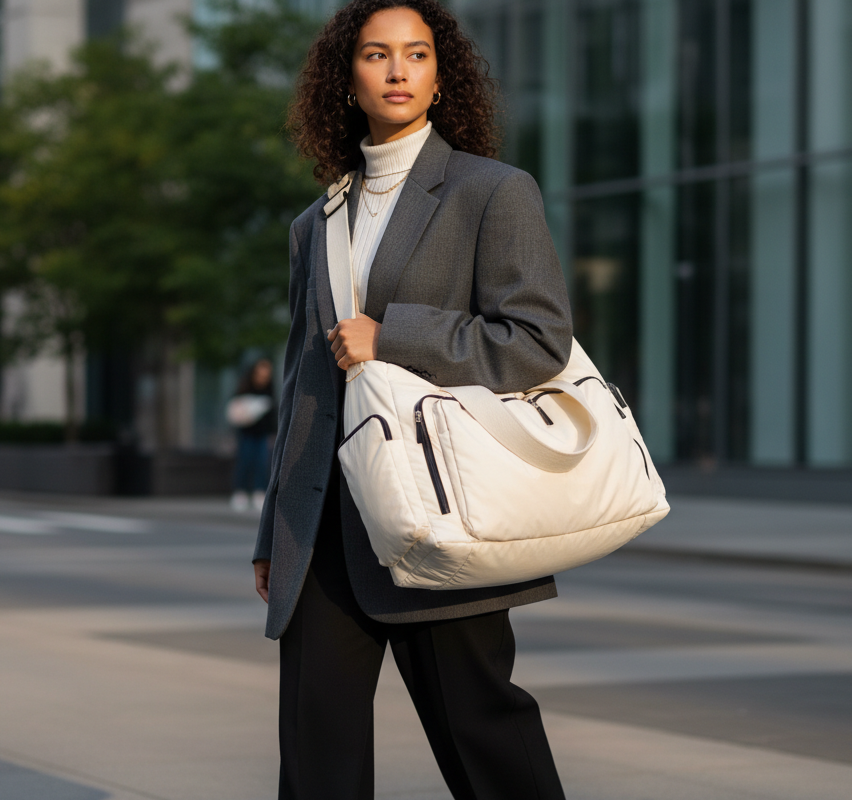 Woman with a white puffer tote bag over her shoulder