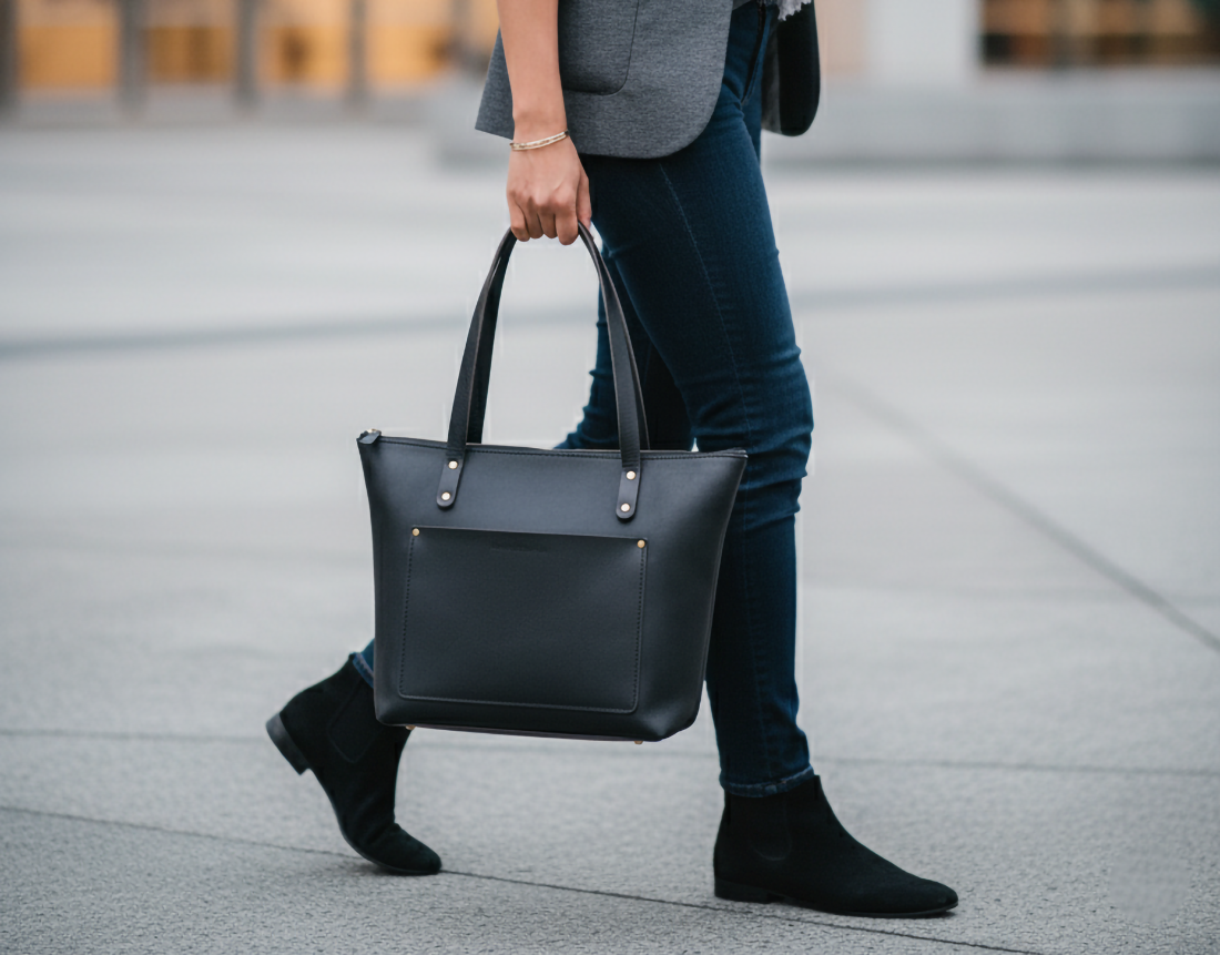 A person walking and carrying a black leather tote.