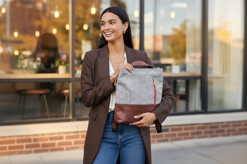 A woman holding an espresso/tweed convertible backpack tote.