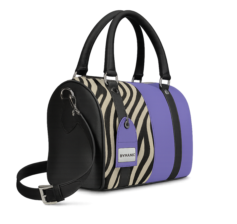 Stylish tote with zebra pattern and purple accents on a white background