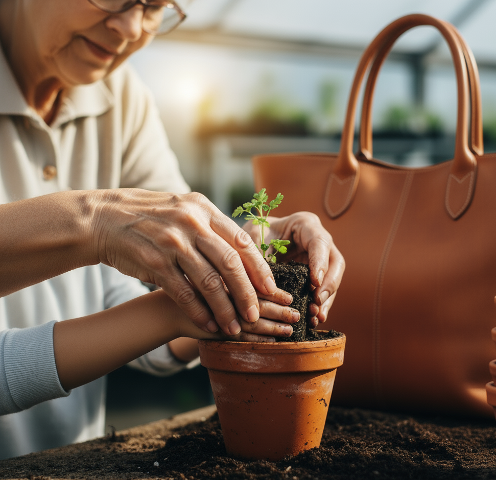 Person potting a small plant with a brown leather handbag in the background representing LuxaTote giving back pledge.