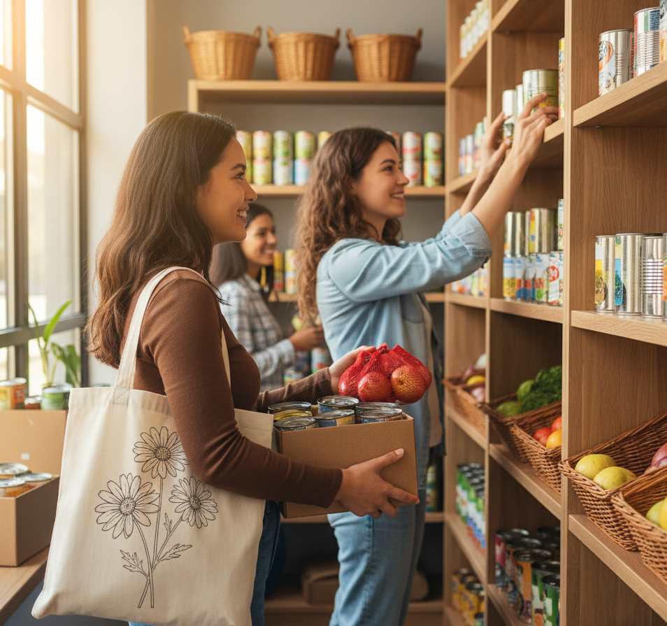 Two women in a community pantry with shelves stocked with food items representing LuxaTote helping communities.