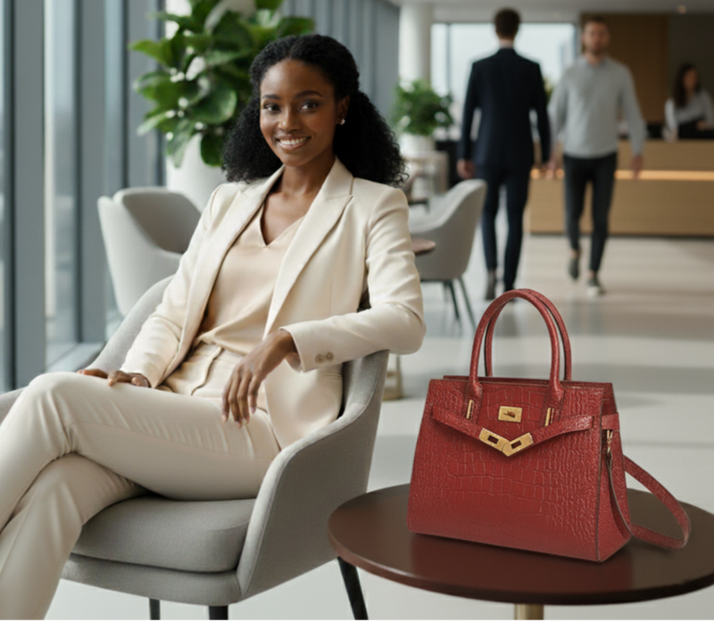 Woman in a beige suit sitting in an office with a burgundy croc leather tote handbag on a table.