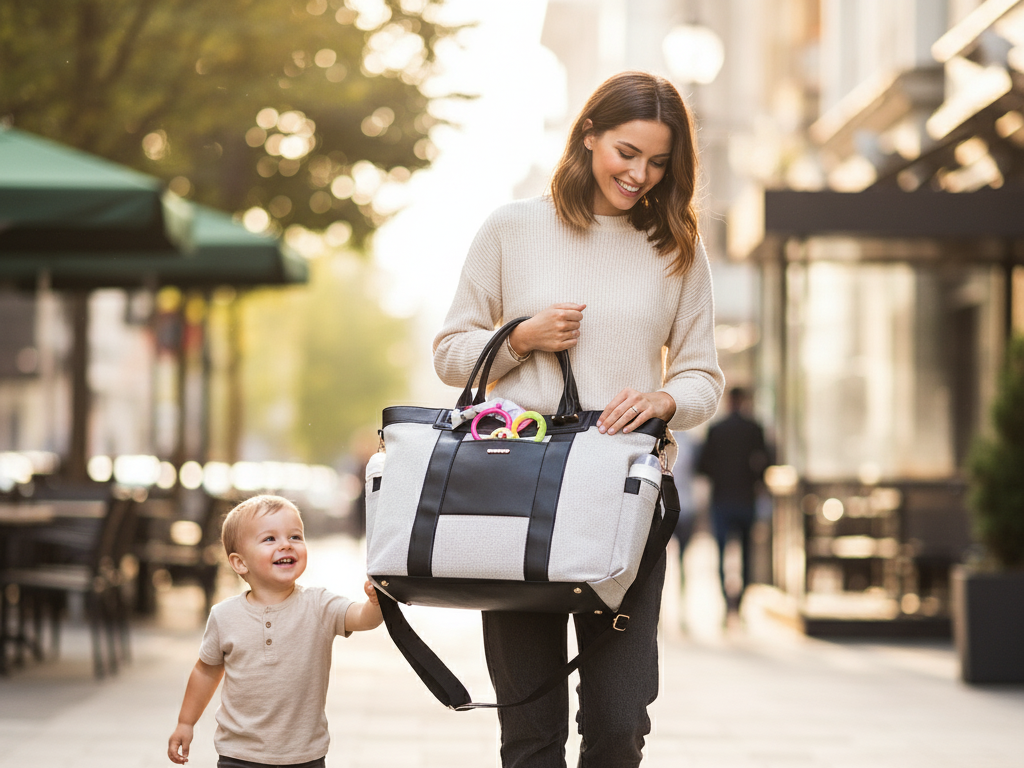 A parent walking with her child while holding a black and white canvas tote diaper bag in her hands.