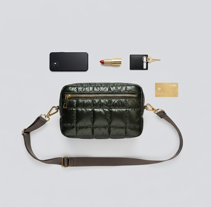 A green mini tote with a shoulder strap