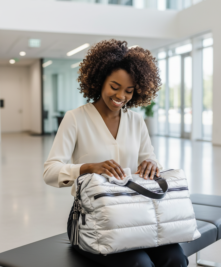 A woman in a white shirt and black pants cleans a silver puffer tote bag with a cloth.