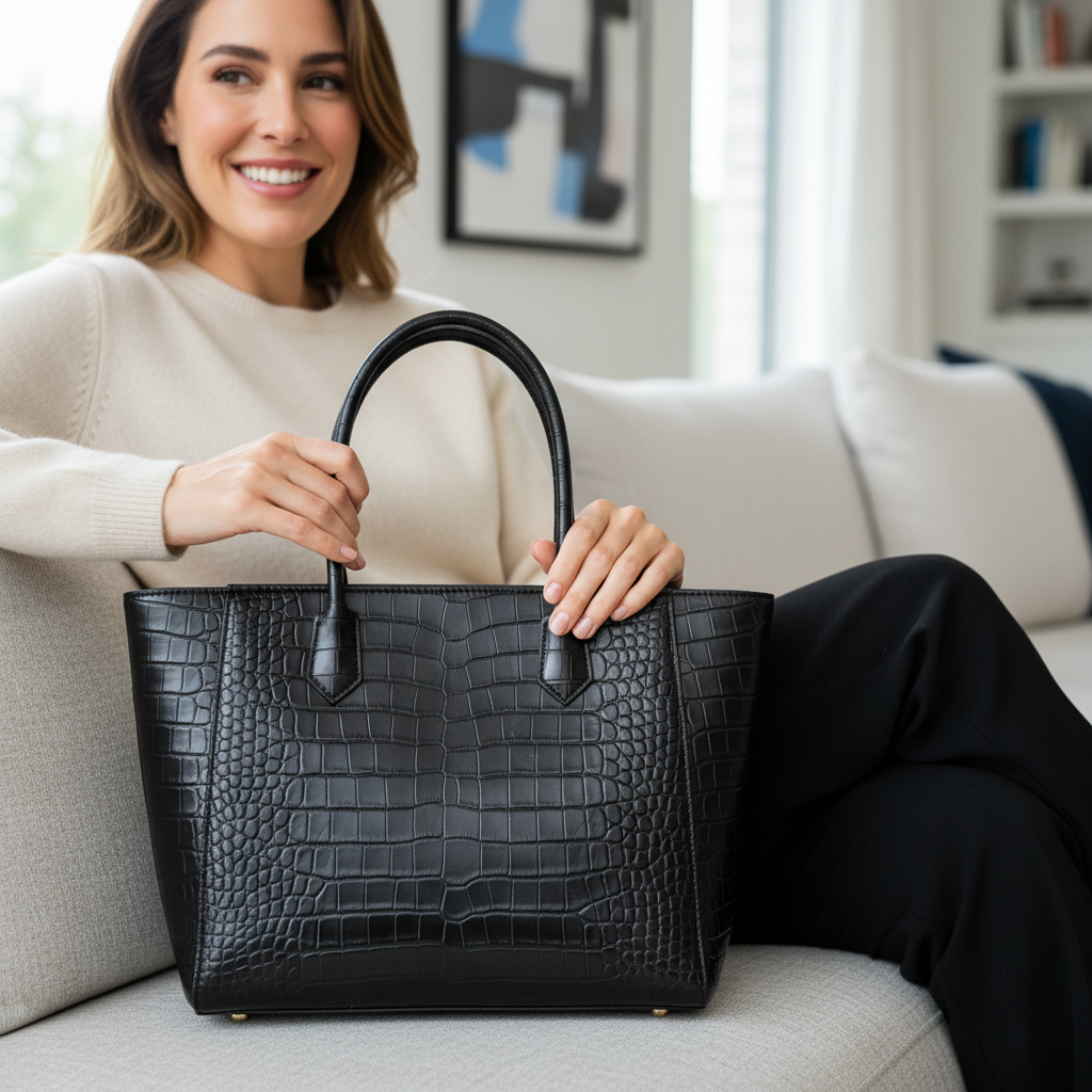 Woman sitting on a couch holding a black croc tote bag.
