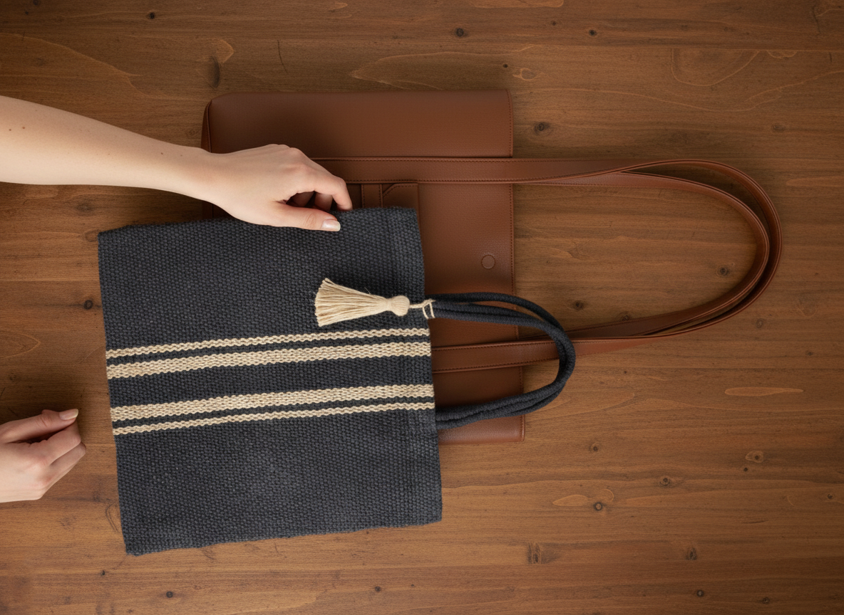 A pair of hands organizing two totes, one blue and white striped jute and one brown vegan leather.