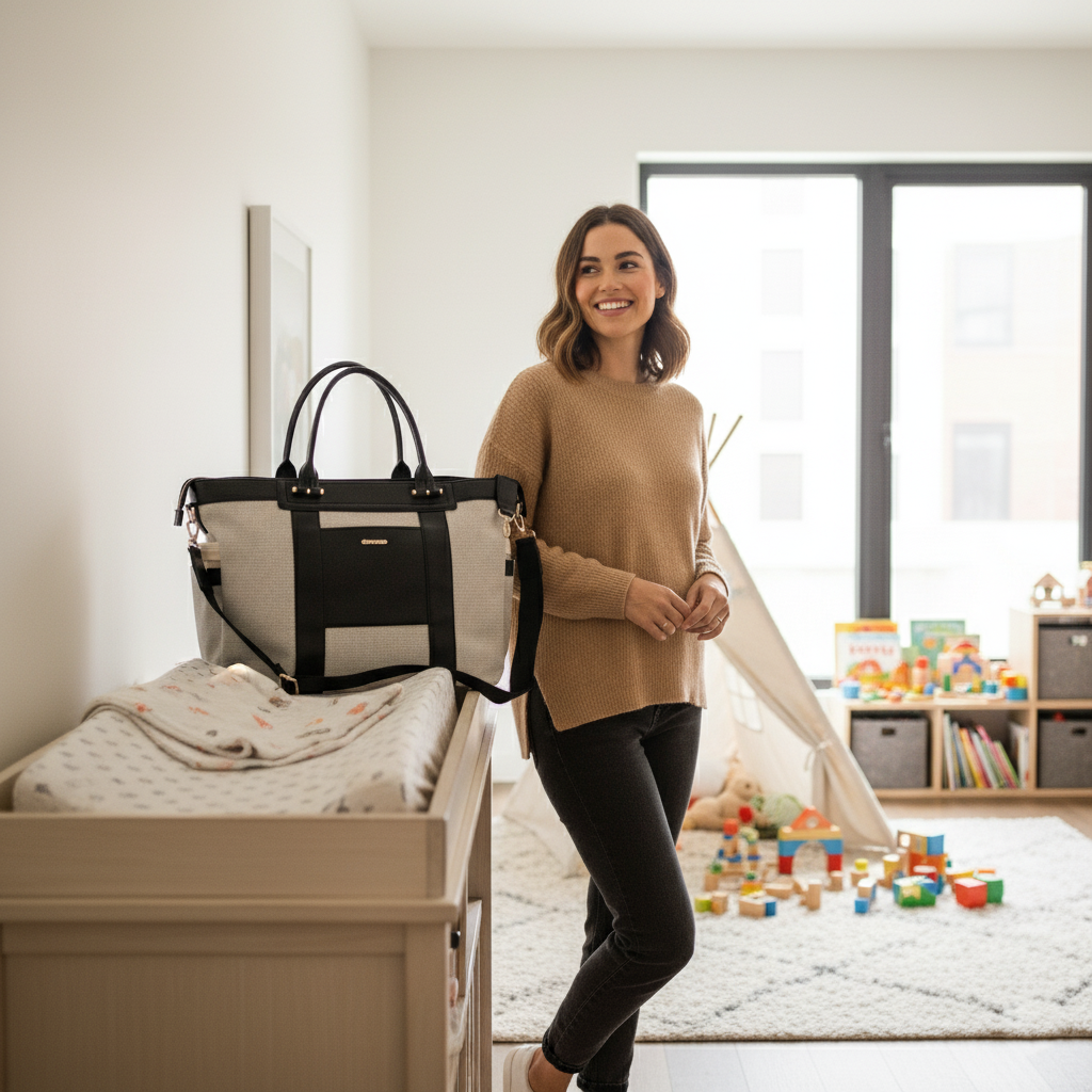 A black and white diaper bag next to a smiling mother.