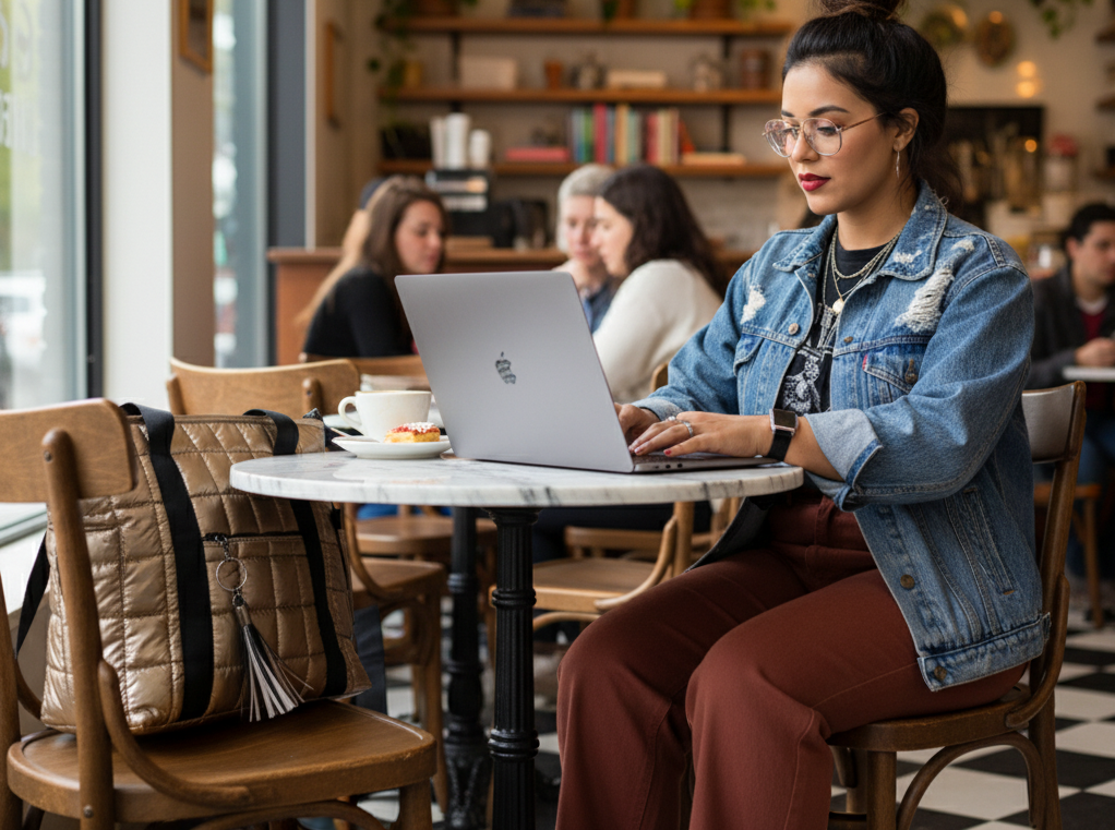 A woman sitting at a table in a cafe with a gold laptop tote bag in the chair next to her.