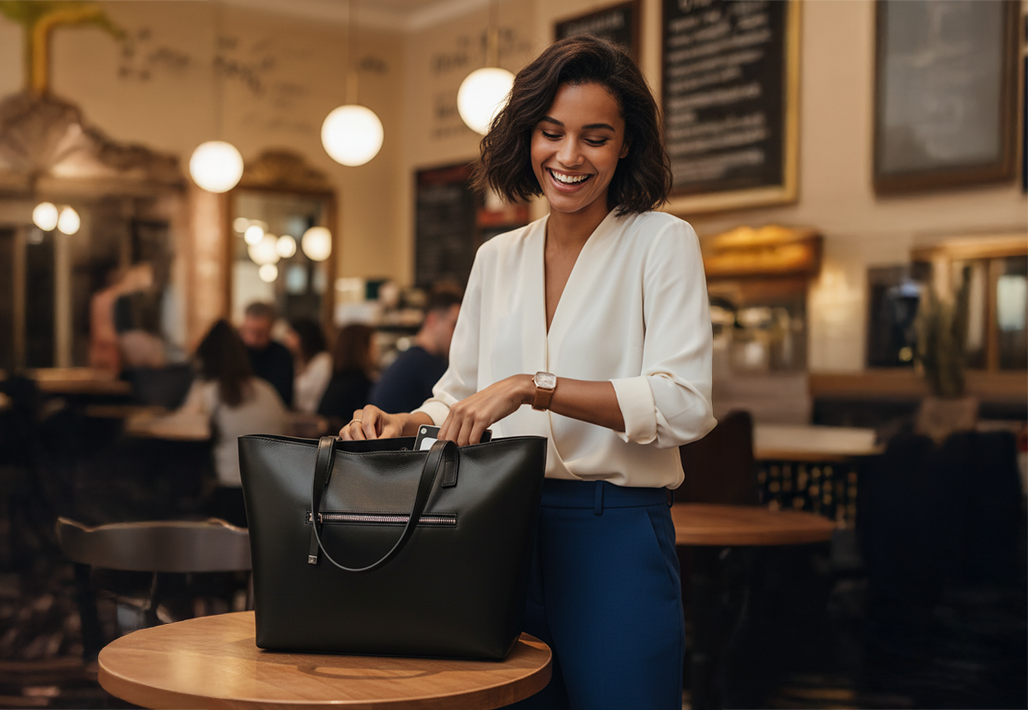 Woman in a white shirt and blue pants, reaching into a full, black leather tote with a zipper on the front.