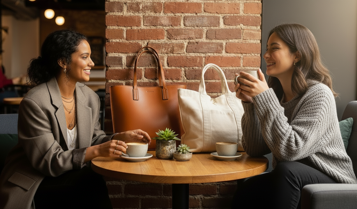 A timeless leather tote bag and a charming canvas tote bag next to each other, showcasing their different materials on a table at an urban cafe.