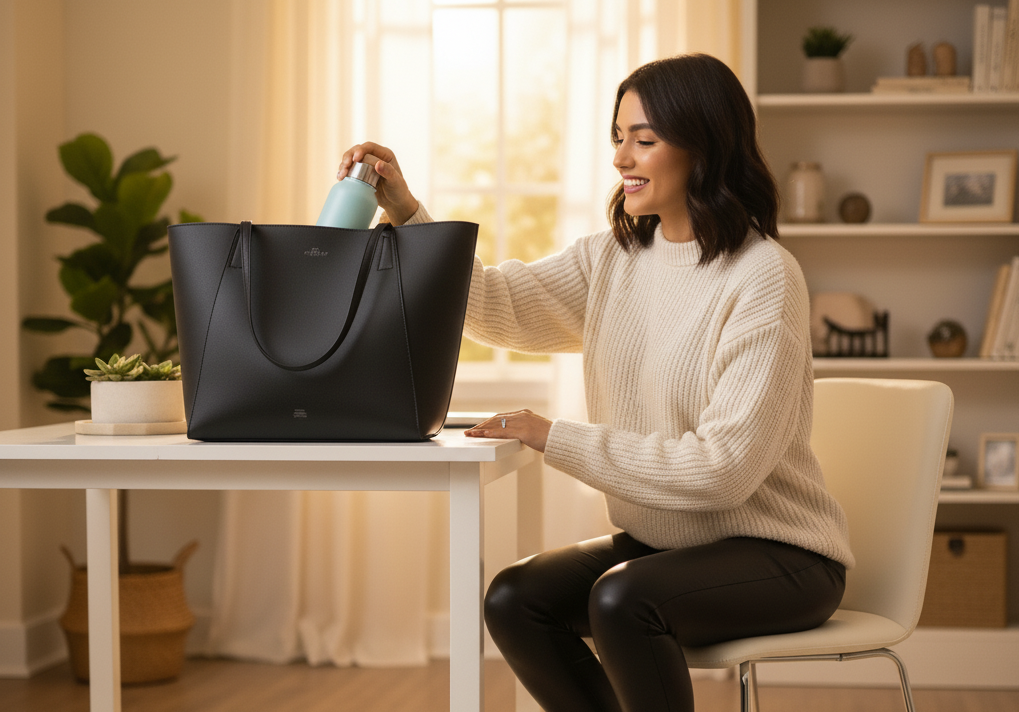 sleek tote that is organized on a white table next to young woman