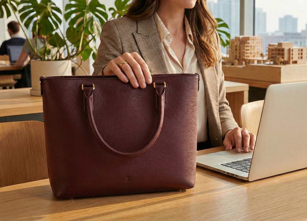 A merlot-colored leather structured leather tote bag with a zip top sits on a desk.