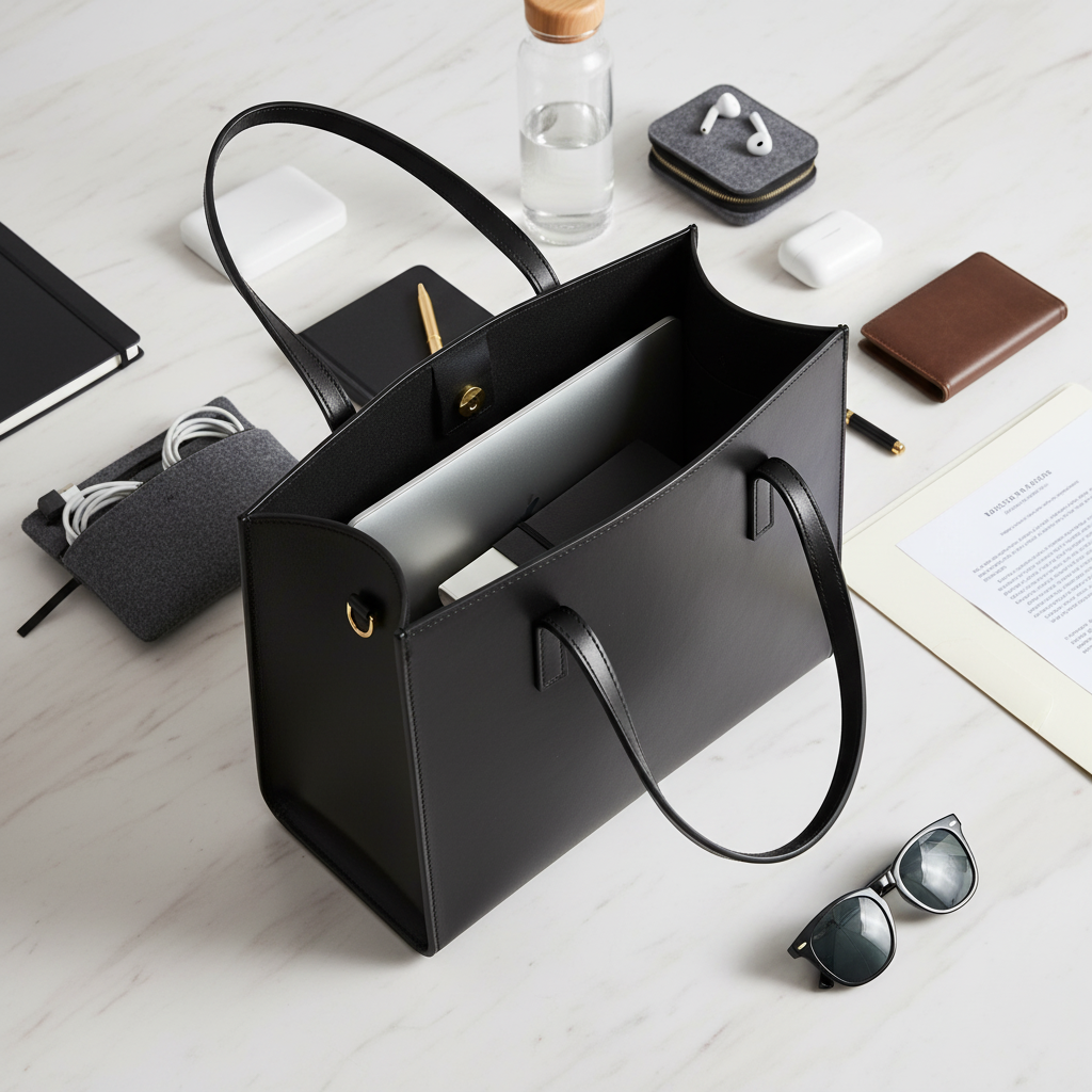 A black structured work tote bag surrounded by work items and sitting on a marble tabletop.