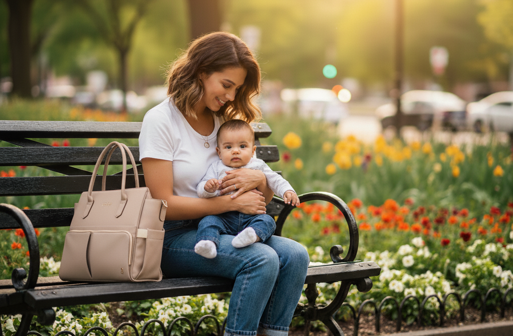stylish-mom-with-chic-diaper-tote holding cute baby on bench