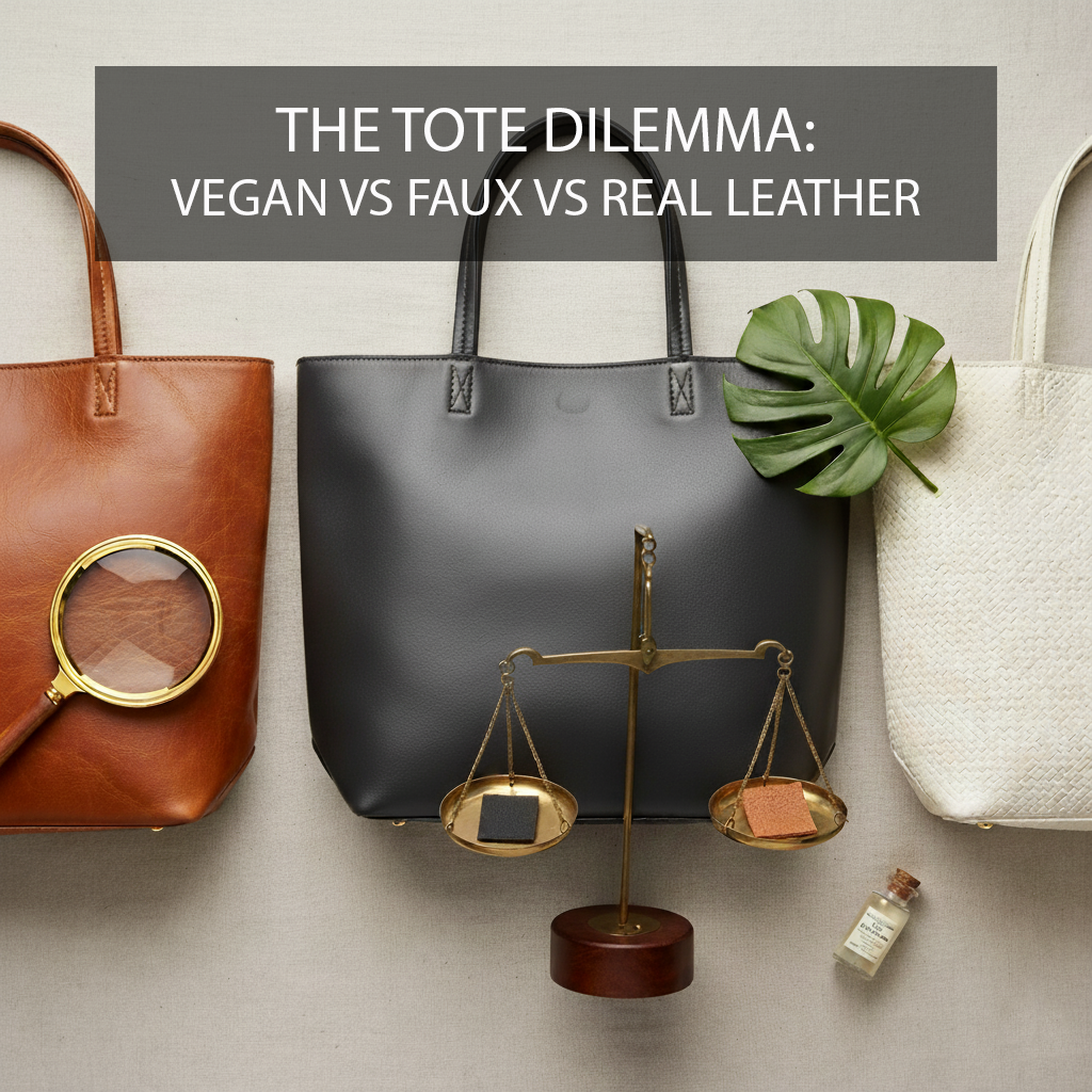 Brown, black, and white leather totes with several items around them, and overlaid with text that reads "The Tote Dilemma: Vegan vs Faux vs Real Leather"