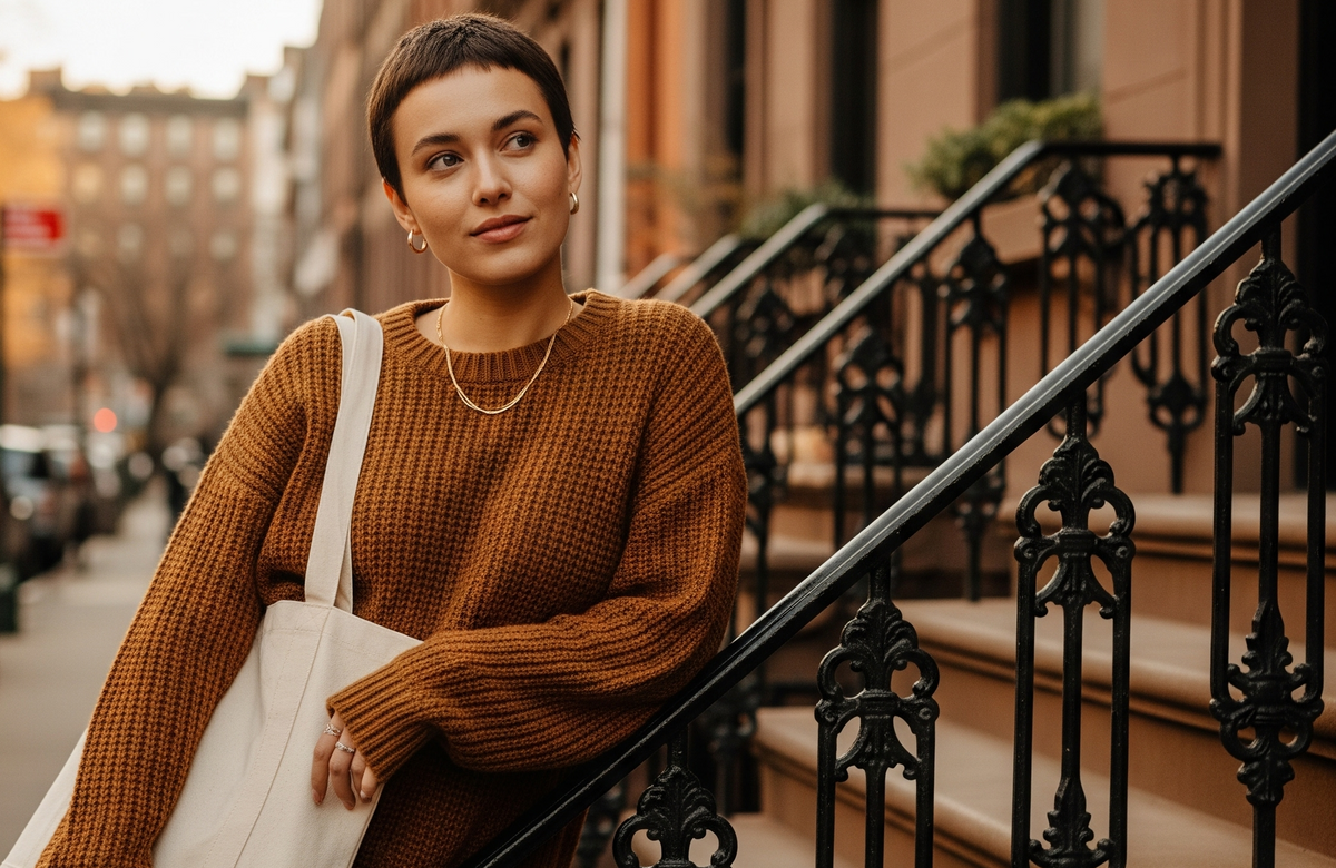  A woman in a cozy knit sweater holding a simple and soft canvas tote bag, conveying a sense of serenity and comfort.