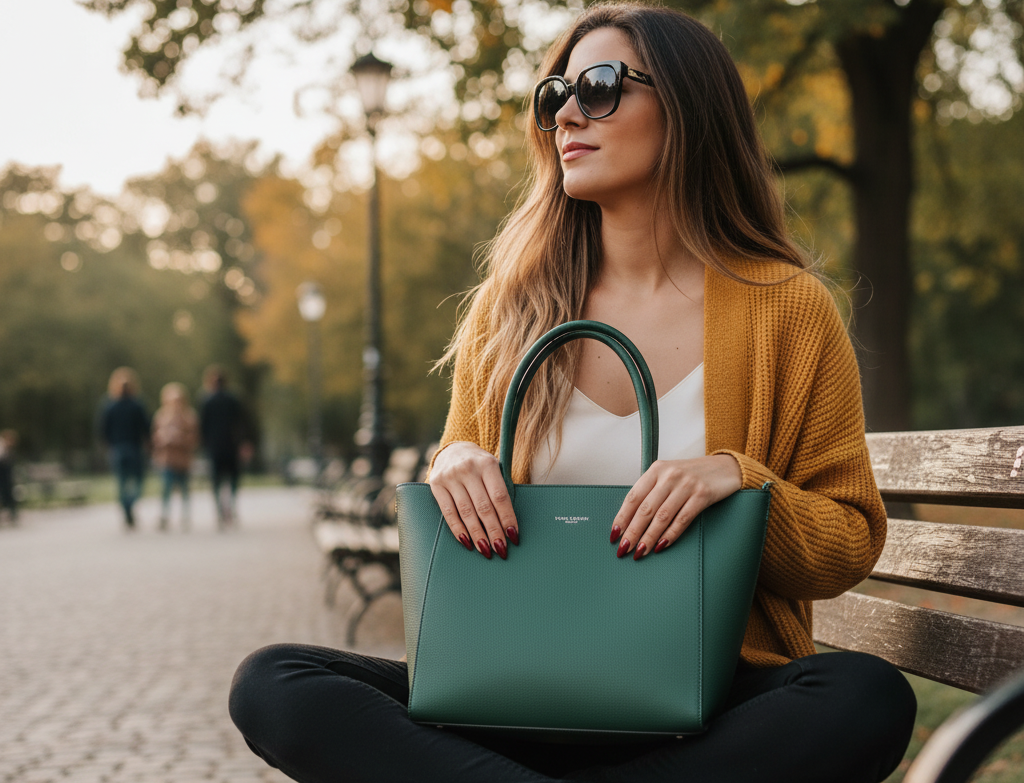 woman sitting on a bench with a high quality vegan PU tote bag