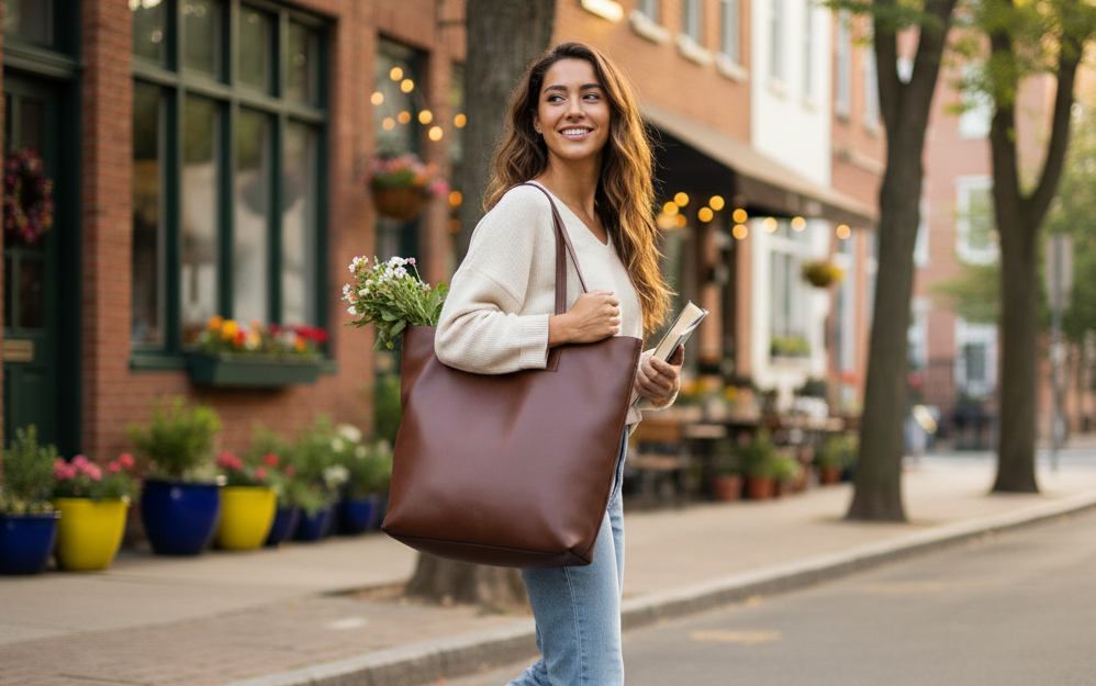 happy young woman with an everyday tote bag on an urban street