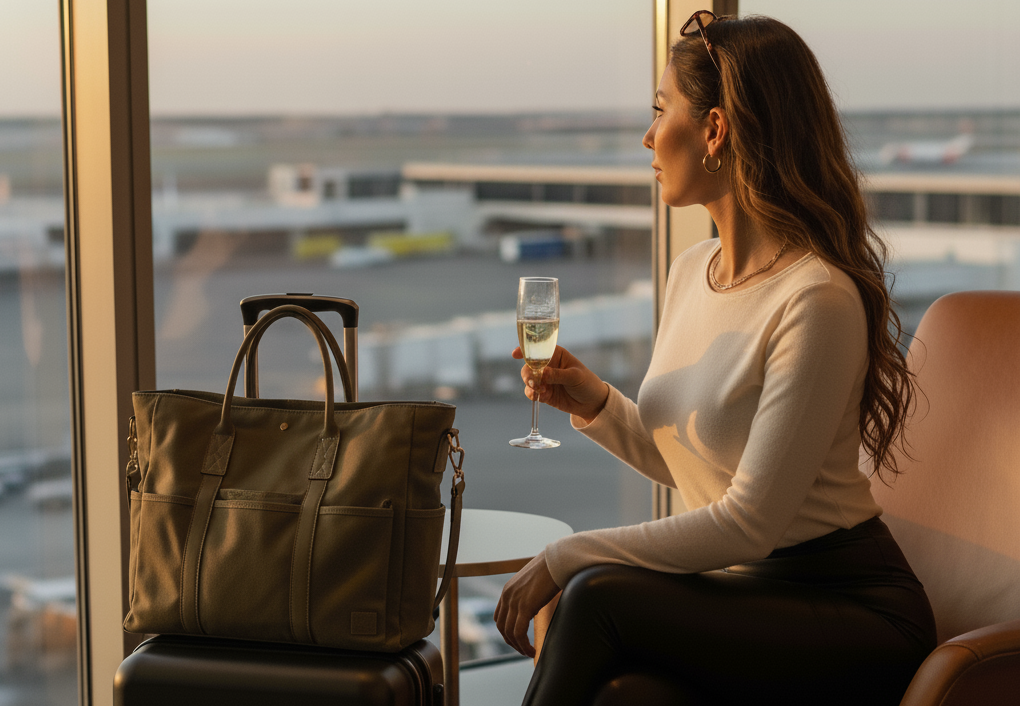 A woman peacefully waiting for her flight in an airport lounge with her chic and organized travel tote secured to her luggage.