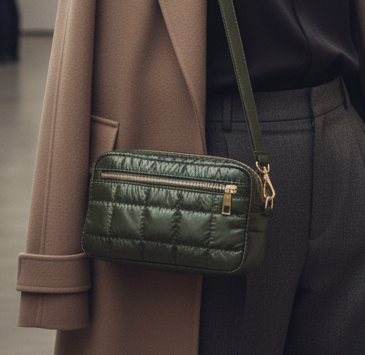 Mini green tote sitting on a white marble counter top with a hand touching it.