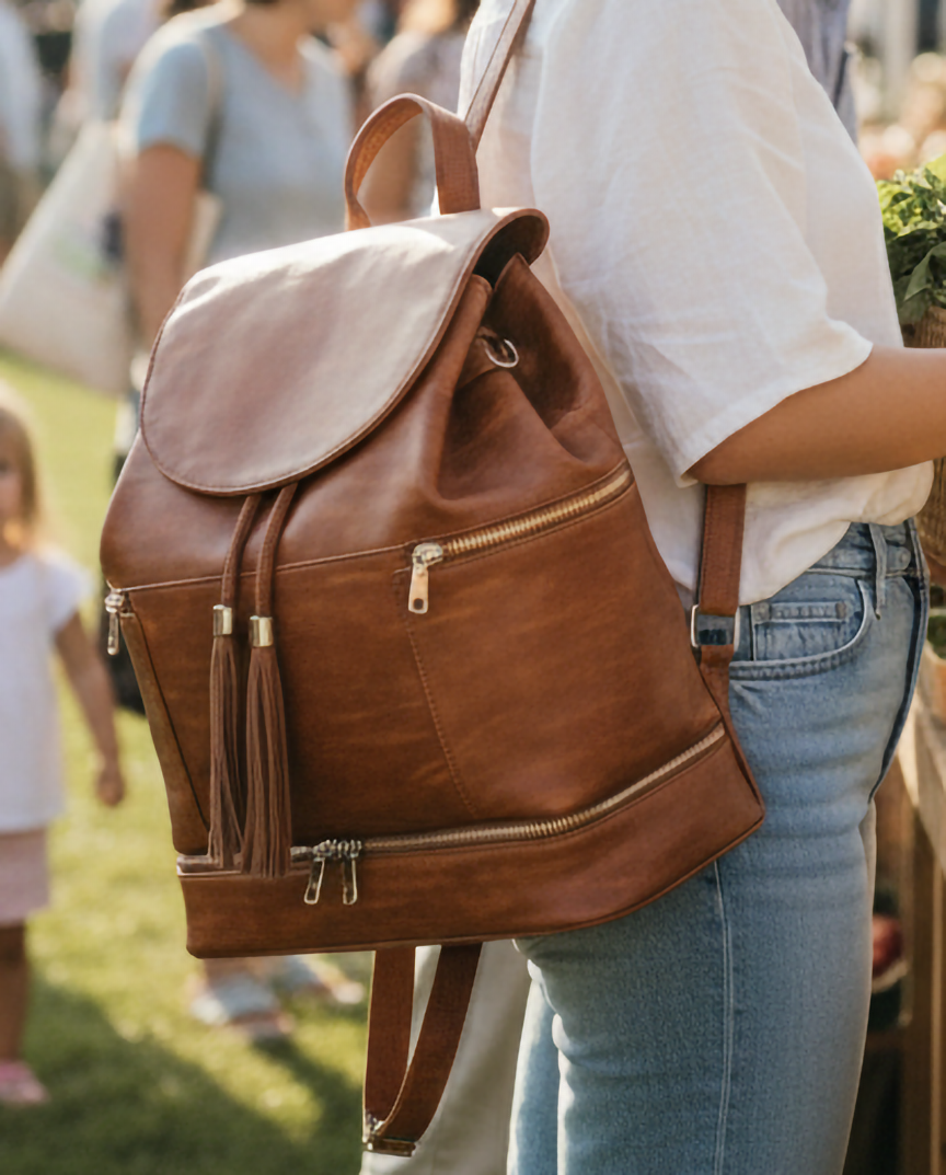 A brown convertible backpack diaper bag tote being worn as a backpack.