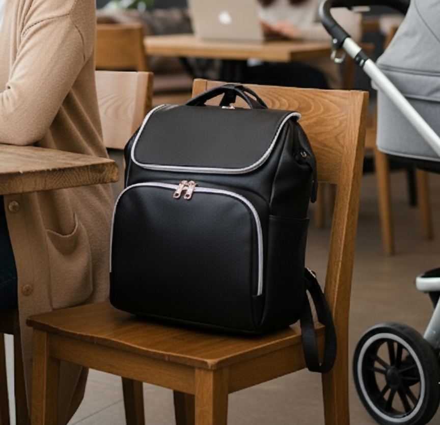 A black convertible backpack diaper bag tote with white trim sitting on a brown chair.