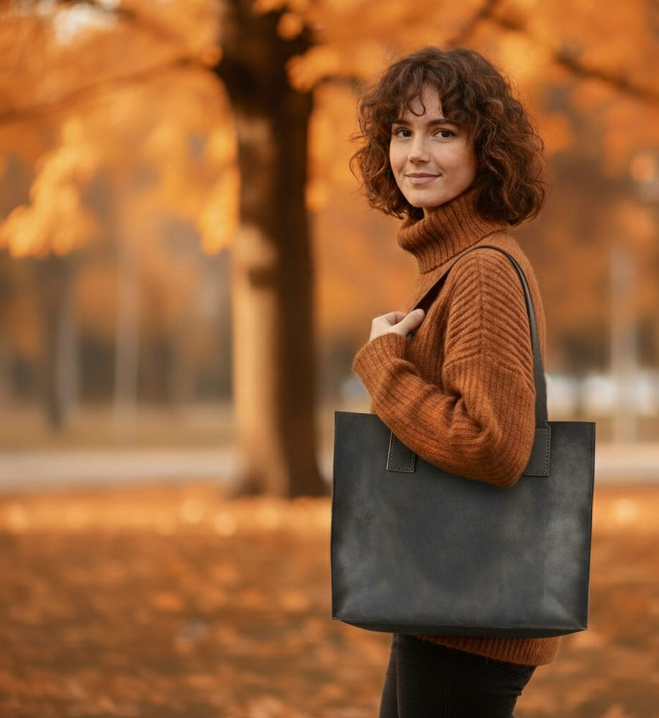 A woman in an orange sweater outside, carrying a brown leather tote bag.