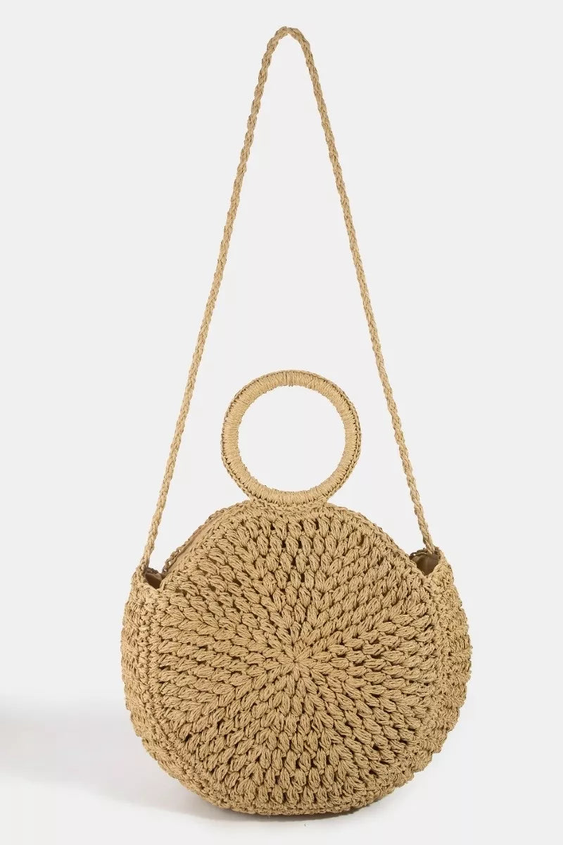 Circle Handle Circle Straw Braided Hand Bag