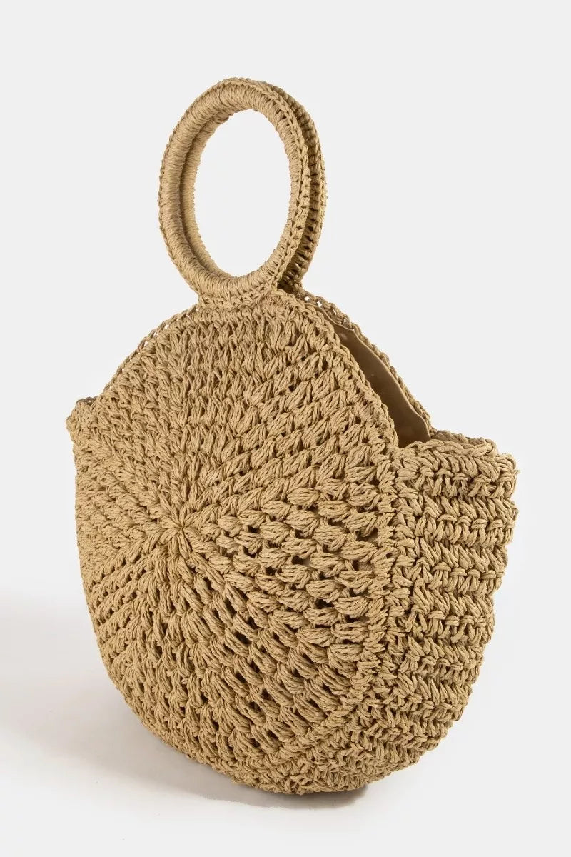 Circle Handle Circle Straw Braided Hand Bag