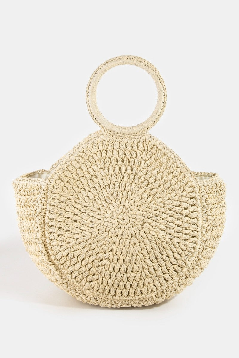Circle Handle Circle Straw Braided Hand Bag