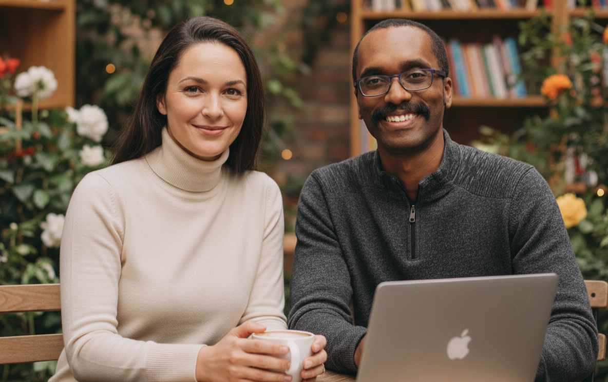 LuxaTote founders sitting together with a laptop in a cozy indoor setting.