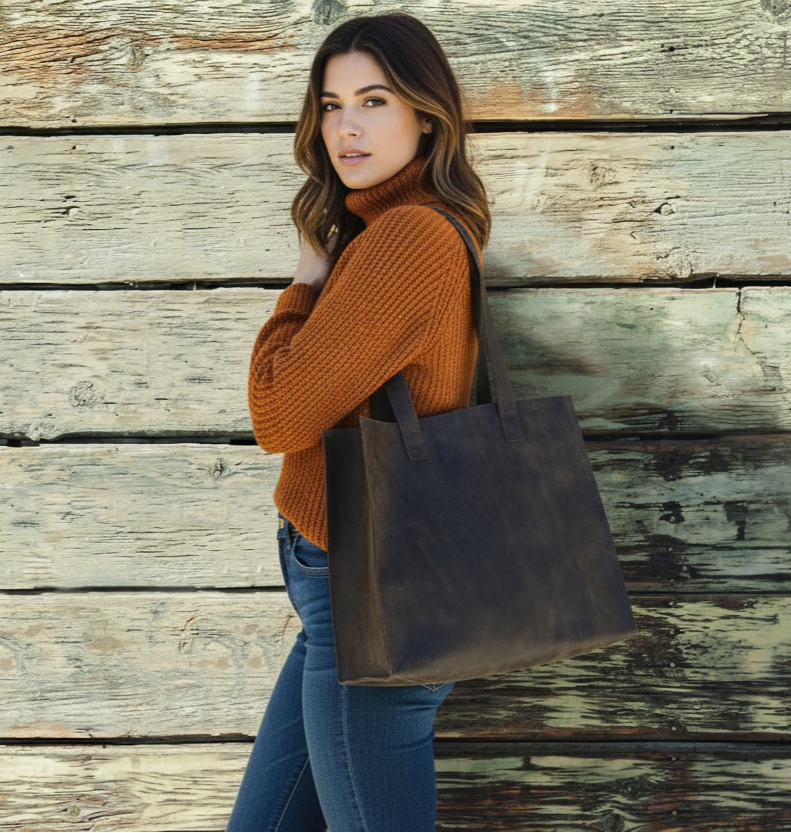 A woman with a dark brown tote on her shoulder standing in front of a wooden wall.