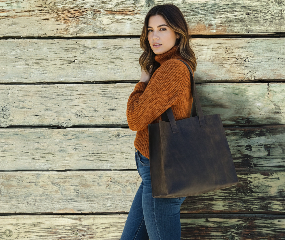 Woman holding a dark brown tote bag against a wooden wall