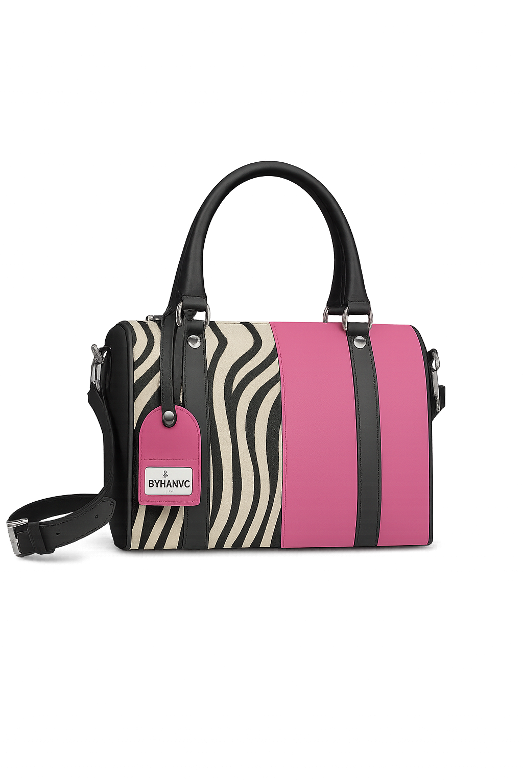 Tote with zebra pattern and pink accents on a white background