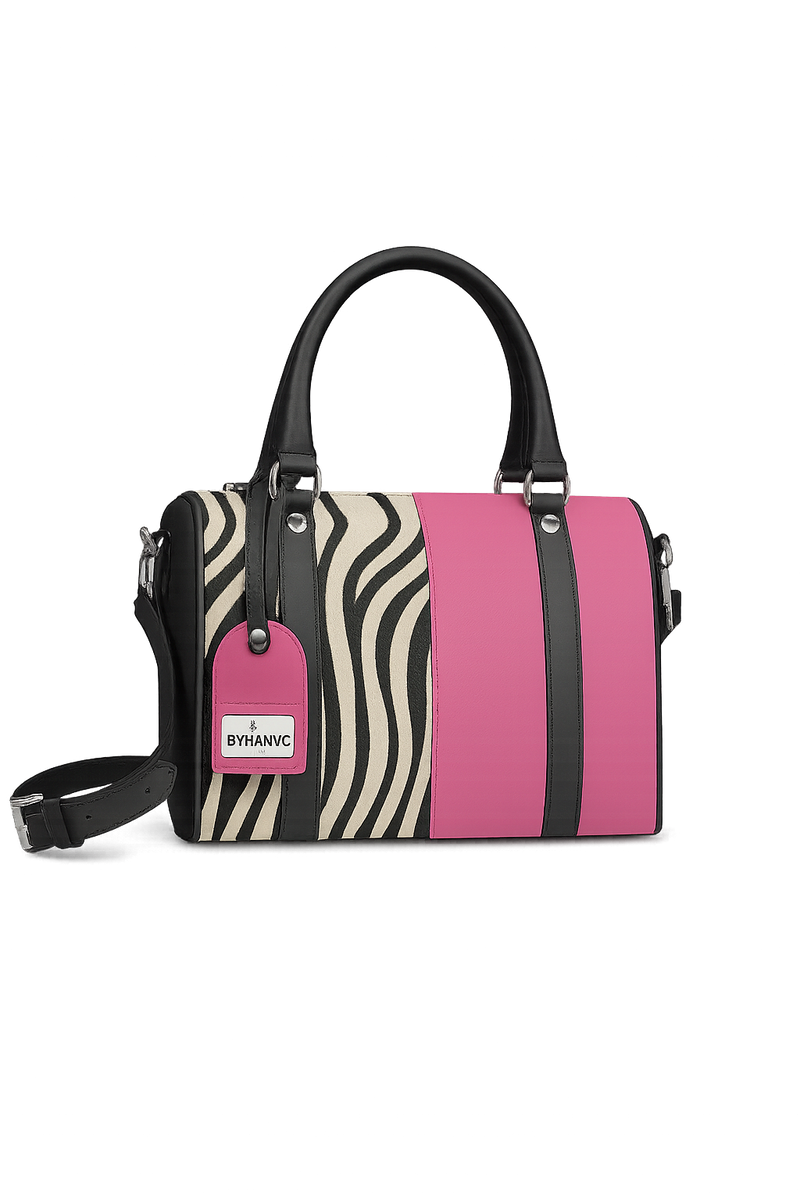 Tote with zebra pattern and pink accents on a white background