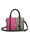 Tote with zebra print and pink accents on a white background