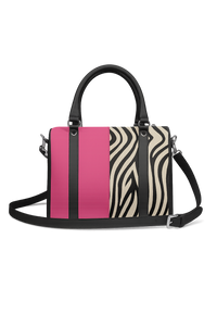 Tote with zebra print and pink accents on a white background