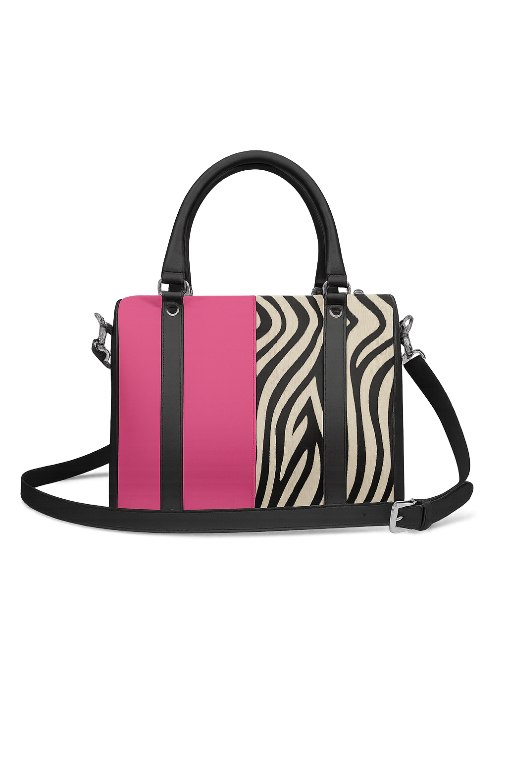 Tote with zebra print and pink accents on a white background