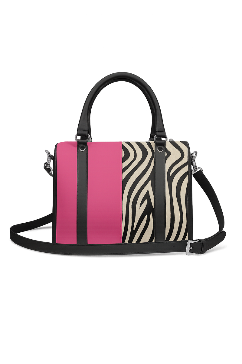 Tote with zebra print and pink accents on a white background