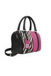 Tote with zebra print and pink accents on a white background