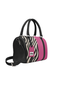 Tote with zebra print and pink accents on a white background
