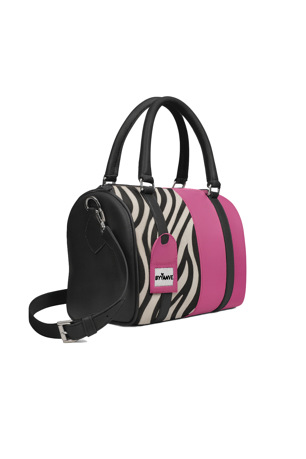 Tote with zebra print and pink accents on a white background