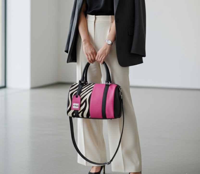 Woman holding a zebra-striped tote with pink accents in an indoor setting