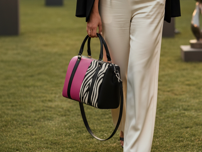 Woman in formal attire with a black blazer and white pants, holding a pink, black and animal print tote, at an outdoor event.