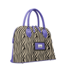 Tote with zebra pattern and purple accents on a white background