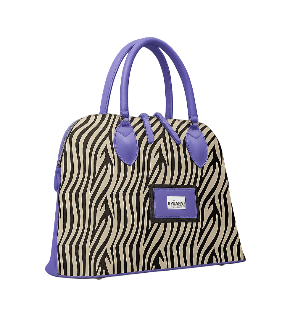 Tote with zebra pattern and purple accents on a white background