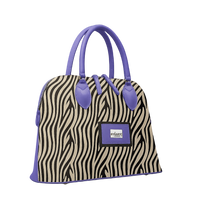 Tote with zebra pattern and purple accents on a white background