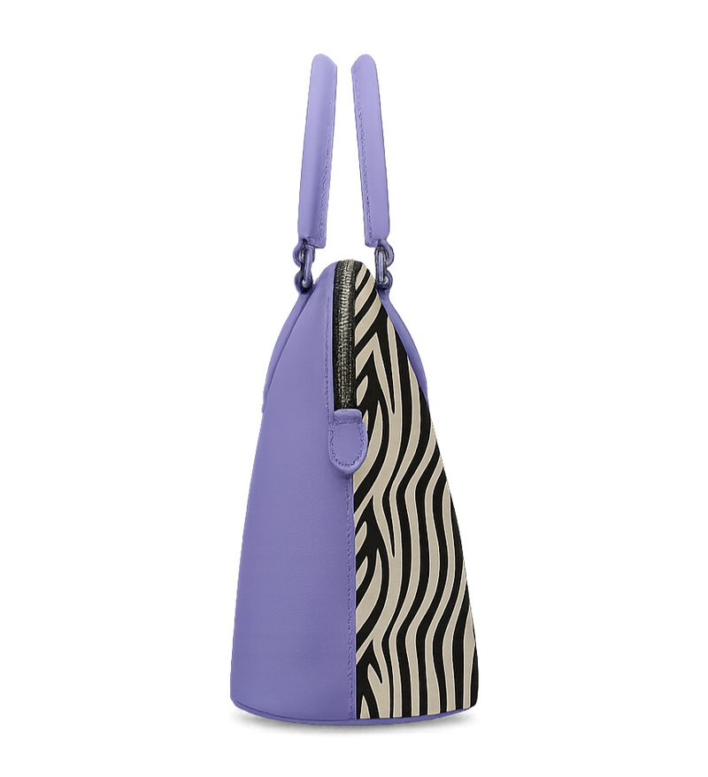 Purple tote with zebra pattern on a white background